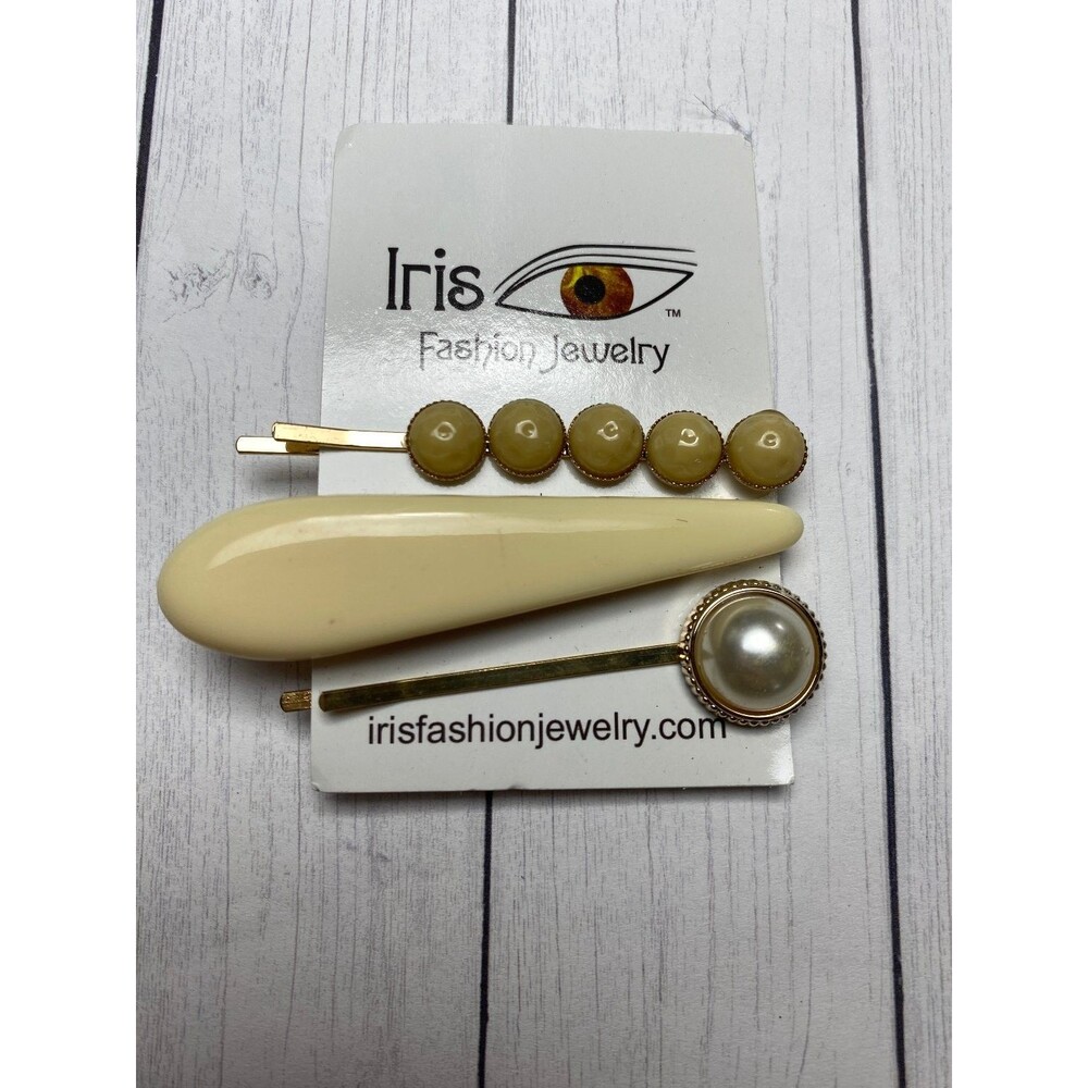 Iris Fashion Jewelry Hair Clip Set Pearl Beige Gold Tone Bobby Pins